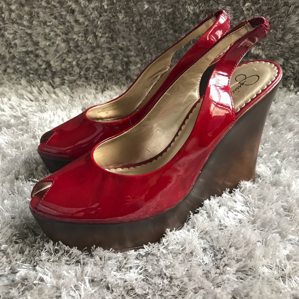 Jessica Simpson peep toe red patent wedges size 9